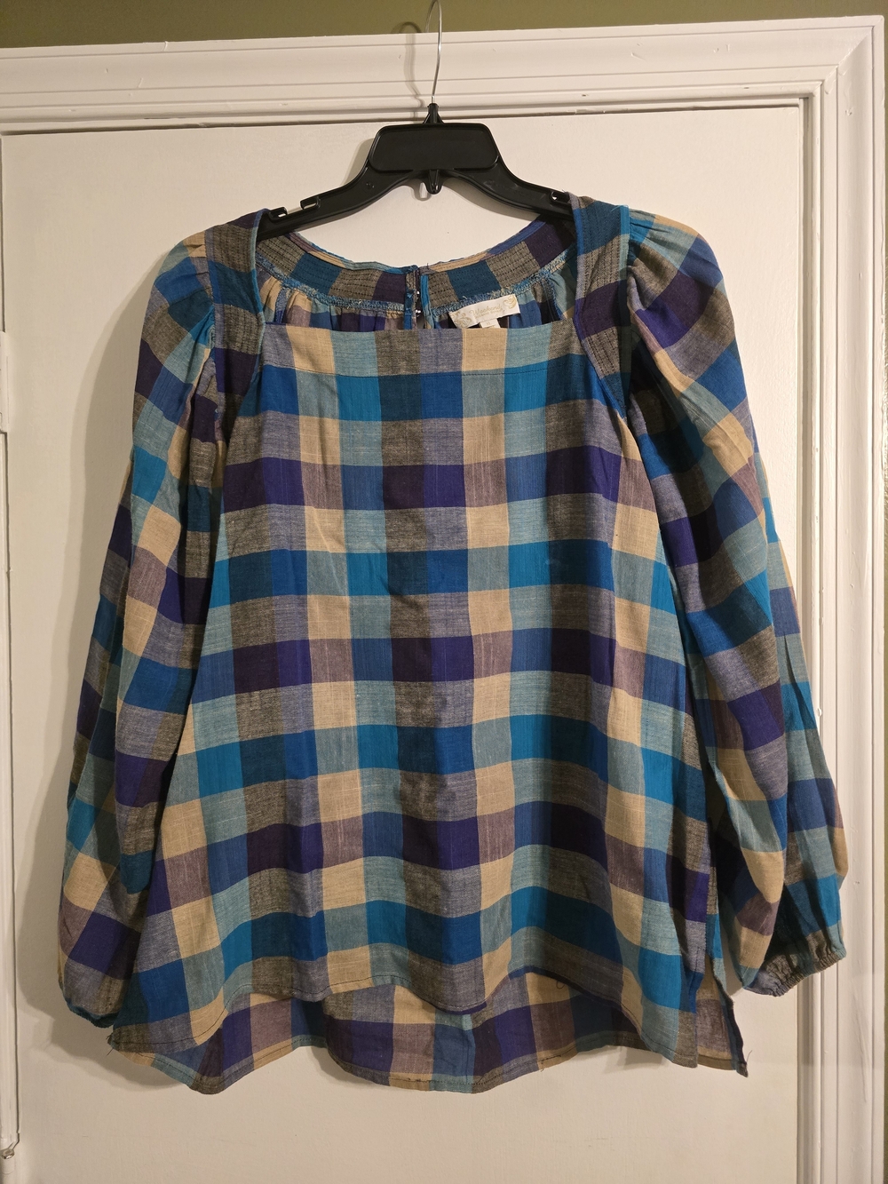 Suzanne Betro Teal Navy Cream Plaid Peasant Blouse 100% Cotton XL